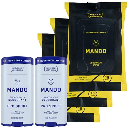 Mando Deodorant Wipes and Whole Body Deodorant Smooth Solid Sitck - 72 Hour Odor Control - Aluminum & Baking Soda Free - Skin Safe - 15 Count Wipes & 2.6 oz Solid Bundle - Pro Sport Scent