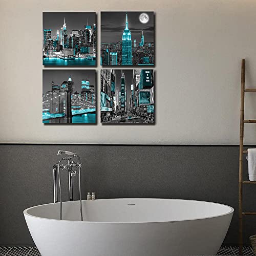 New York City Canvas Wall Art Print Black And White Brooklyn Bridge Pictures Blue Empire Building Wall Art Night View Modern Art Micro Spray Art Bedroom Office Living Room Home Wall Decoration 12X12Inchx4Pcs-Anzhongart #TOP3