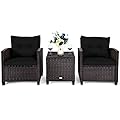 AUGESTER 3 PCS Patio Furniture Set, Outdoor PE Rattan Wicker Conversation Sofa Set w/Washable Cushion and Tempered Glass Tabletop, All Weather Chat Sofa for Garden Poolside Balcony Porch (Black)