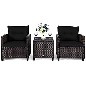 AUGESTER 3 PCS Patio Furniture Set, Outdoor PE Rattan Wicker Conversation Sofa Set w/Washable Cushion and Tempered Glass Tabletop, All Weather Chat Sofa for Garden Poolside Balcony Porch (Black)