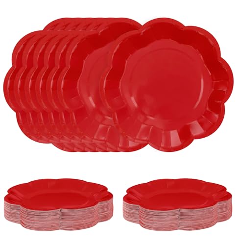 SietDESEO 50 PCS Red Paper Plates 9 Inch Scalloped Dessert Plates Red Disposable Plate for Party Dinner Wedding Baby Shower Birthday Cake Plate