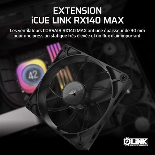 CORSAIR iCUE Link RX140 Max 140mm PWM Ventilateur Épais – Pression Statique Élevée – Liquid Crystal Polymer – Palier à Dôme Magnétique – Ventilateur Unique – Noir