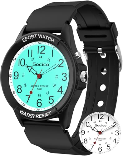 SOCICO Watch for Men Women Big Face Classic Analog Quartz Sports Backlight Unisex Waterproof Nurse Watch for Medical Army Military Time with Second Hand Easy to Read Casual Wristwatch