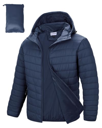 33,000ft Veste matelassée légère pour homme Veste de transition d'extérieur résistante à l'eau Veste d'hiver chaude pour hommes, Manteaux d'hiver à capuche Doudoune Rangeable, bleu/noir, XL