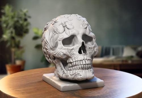 Image of Skull Headphone Stand Collection - 3D Printed Dragon, Cyborg & Scream Skull Headset Holders, Gothic & Fantasy Desk Accessories for Gaming and Office Setups, Durable PLA Display Stands (Marble Grey, Cyborg Skull Headphone Stand)