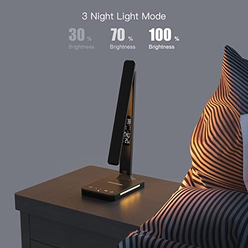 Banrterd Led Desk Lamp With Wireless Charger, Usb Charing Port For Home Office, Dimmable Eye-Protecting Desk Light With Night Light, Digital Alarm Clock, Temperature, Black #TOP4
