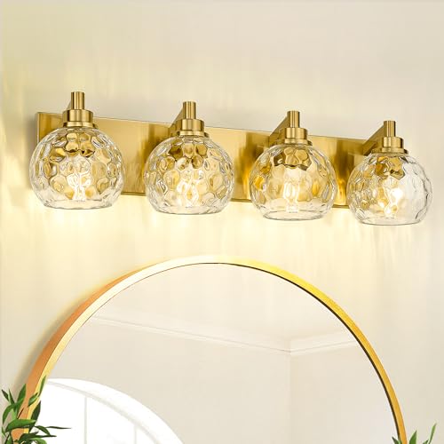 Image of Bathroom Light Fixtures Over Mirror, 26 inch Brushed Gold Bathroom Vanity Light with Clear Hammered Glass Globe Shade, 4-Light Modern Sconces Wall Lighting, VL200-BG-CL-4