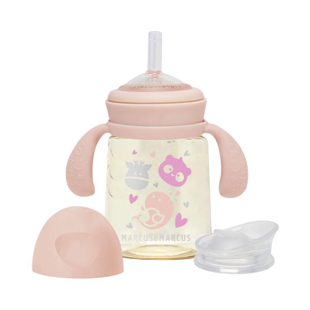 MARCUS&MARCUS Marcus & Marcus PPSU Transition Trainer Bottle | Straw & Sippy Cup | Water Bottle with Straw for 6 months+ | 180ml (Pink)