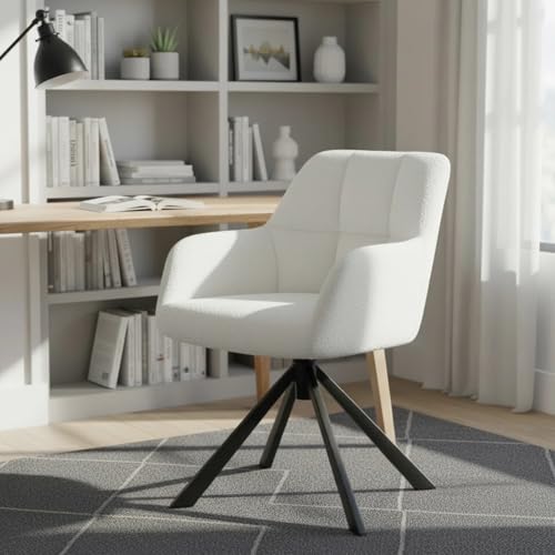 Image of Finch Fox Battle Modern 360 Swivel Mid-Back Arm Boucle Fabric Study Upholstered Comfortable Metal Base Computer Office Desk Chair in White Color