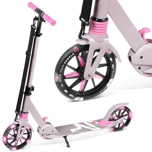 Movino Patinete Urbano Plegable para Niños y Adultos - Ruedas LED Grandes 180 mm - Manillar Ajustable - hasta 100 kg City Light Gris-Rosa