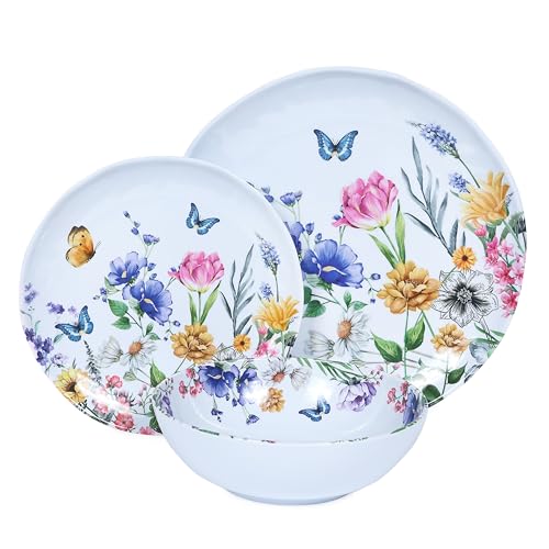 Lechoo 12 Piece Melamine Dinnerware Sets - Plates And Bowls Sets Floral Dinnerware Sets- Spring Camping Dishs Indoor Outdoor Use,Flowers And Butterflies Pattern by Lechoo - Image 8