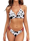 SHESHOW Women's Bikini Sets V Neck Cheeky Cow Print Swimsuit Cutout Mid Waist Swim Suit Two Piece Bathing Suit Red M