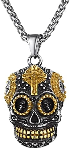 GoldChic Jewelry Skull Necklaces For Men, Stainless Steel Gothic Skeleton Necklace Viking Norse Runes Halloween Gifts for Man Boys