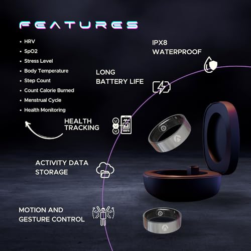 Image of Smart Ring with Gesture Control, 24 /7 Health & Fitness Tracker with Sleep, Oxygen, Heart Rate and Activity Monitoring, IPX8 Waterproof, Sports Modes with Magnetic Charging Case (8, R6, Silver)