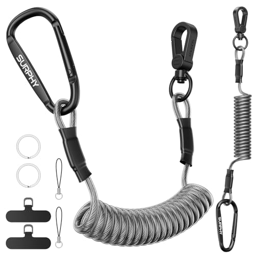 SURPHY 2 Stück TPU-ummantelte Stahldrahtspirale Handysicherung Outdoor Ausziehbar mit Karabiner, Handy Diebstahlschutz Handykette für Wandern Radfahren Bergwandern Reisen, 2er-Set schwarz