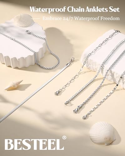 Image of Besteel Ankle Bracelets for Women Waterproof - 14K Gold Plated Non Tarnish Layered Cuban Link Chain Rope Figaro Herringbone Anklets Set Plus Size Anklet Summer Foot Jewelry Gift Adjustable 8-12 Inch