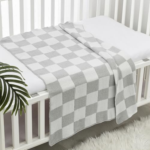 Image of CREVENT 30 inchX40 inch Cozy Soft Warm Chenille Baby Blanket for Girls Boys, Newborn Essentials for Infant, Baby Shower Receiving Gift - Checked Grey 75X100cm