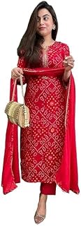 Women's Bandhani Printed Kurta Set with Dupatta, Red, Straight Kurta Pant, Festive Price In India