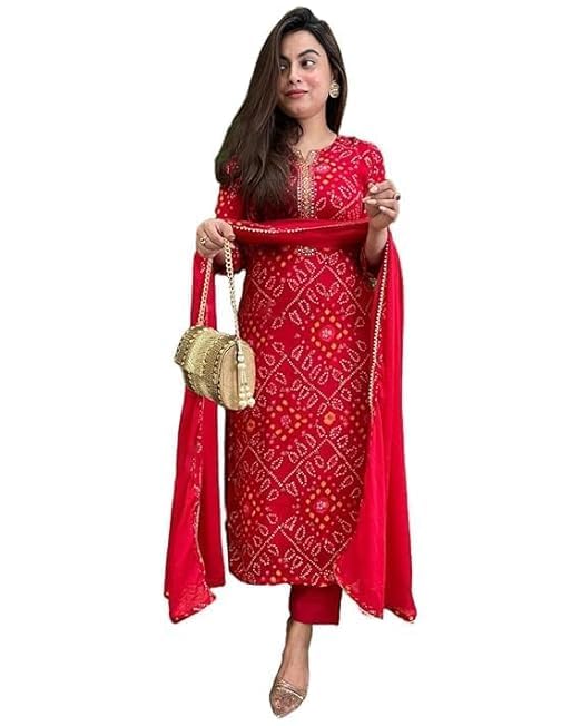 Women's Bandhani Printed Kurta Set with Dupatta, Red, Straight Kurta Pant, Festive - Review, Price and Buying Guide
