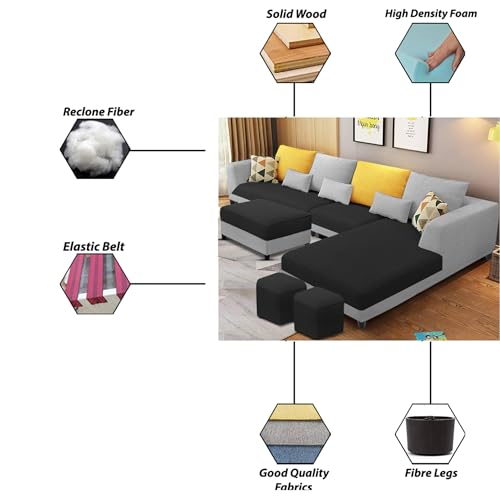 Image of Galib RHS 8 Seater L Shape Sofa Set for Living Room (Black Grey Fabric) Premium Fabric Sofa