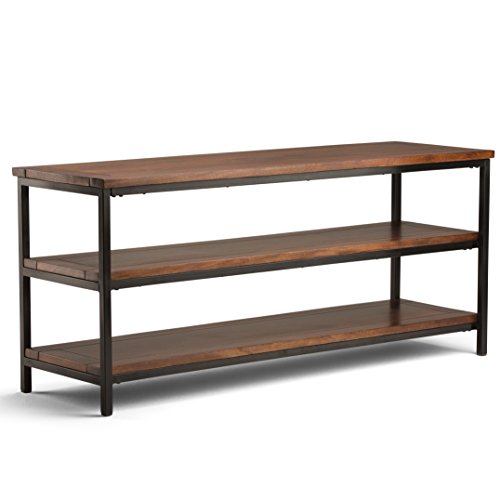 SIMPLIHOME Skyler TV Stand - 60 inch Wide Solid Mango Wood Media Console in Dark Cognac Brown, Industrial Entertainment Center for Living Room for TVs up to 65 Inches with Open Shelves and Metal Frame
