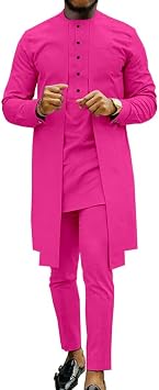 Men's African 2 Piece Set Shirt and Pants Traditional Ethnic Suit Long Sleeve Coat Dashiki Outfits Party Clothing (Color : Pink, Size : Medium)