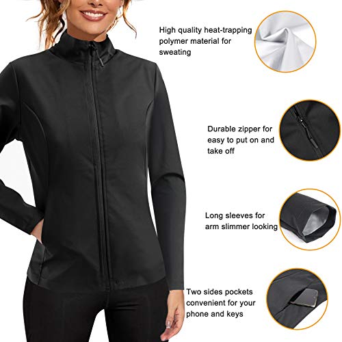 URSEXYLY Women Hot Sweat Sauna Suits Waist Trainer Jacket Slimming Weight Loss Body Shaper Zipper Shirt Workout Long Sleeve Tops (Black, Large) - Thumbnail 3