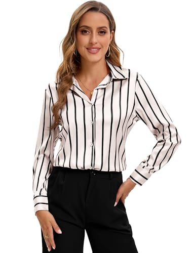 Image of Premium Soft Breathable Stretch Satin Silk Button Down Shirts for Women Long Sleeve Leopard Blouses Work Dress Tops