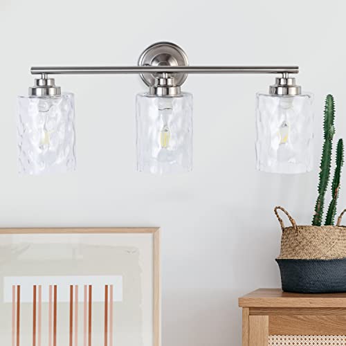 Brfaixla Modern Brushed Nickel Bathroom Vanity Lights Fixtures 24 Inch 3-Light Hammered Glass Industrial Sconces Wall Lamp Lighting For Bath Mirror Bedroom Makeup Desk Living Room Kitchen Porch Hotel #TOP10