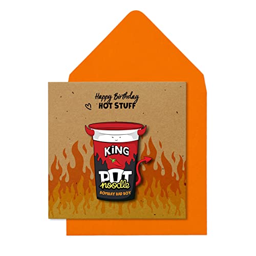 Greeting Card Funny Pot Noodle Birthday Card – Hot Stuff Bombay Bad Boy Eco Kraft Card, Brown