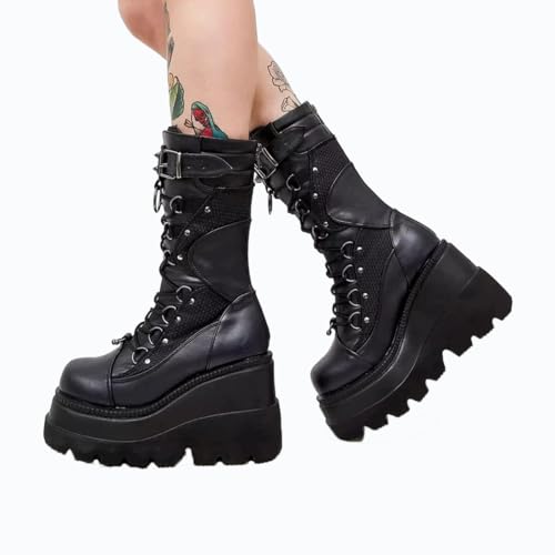 Women's Goth Punk Platform Boots Chunky Heel Work Combat Boots Fashion Lace-Up Round Toe Mid Calf Motorcycle Boot3