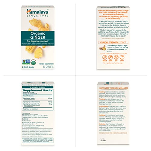 Himalaya Organic Ginger, Digestive Relief Supplement For Nausea, Gas And Occasional Upset Stomach, 820 Mg, 60 Caplets, 2 Month Supply #TOP6