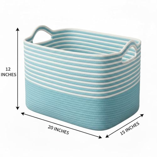 Image of Large Storage Basket, Woven Blanket Basket, Toy Basket with Handle, Laundry Hamper for Living Room, Nursery, Bedroom- 20x15x12 (LXWXH) (sky blue mix)