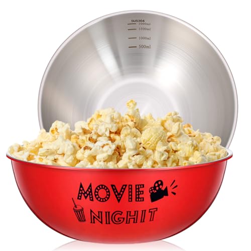 Skybooly 2 Pcs Stainless Steel Popcorn Bowl Set for Movie Night Carnival Party 3 Qt Reusable Metal Popcorn Buckets Large Snacks Mixing Bowl Serving Container for Summer BBQ Backyard (Classic,Red)