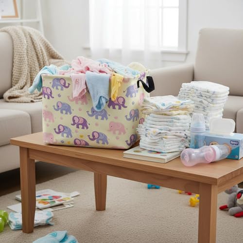 Image of Kid Cute Rectangle Storage Basket Baby Toy Clothes Storage Bin Nursery Playroom Bedroom Decor Basket (Pink&Purple Elephant)