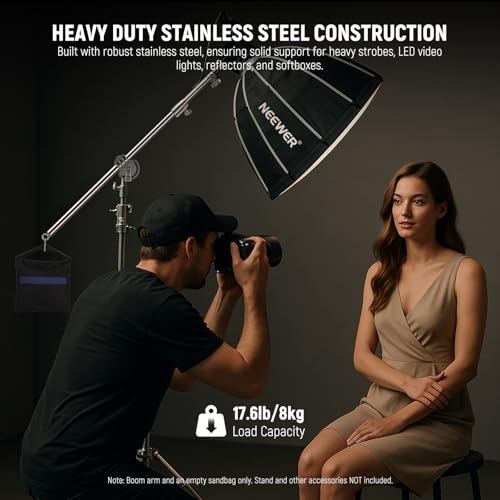 Image of NEEWER Heavy Duty Stainless Steel Extension Boom Arm 17.6lb Load Capacity for C Stand and Light Stand, 38.6-66.3 inch /98-168.5cm Crossbar Holding Arm with Sandbag for Strobe /Softbox /LED Video Light, DS021