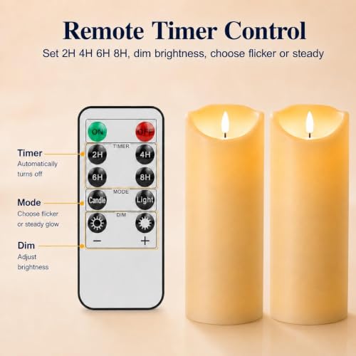 Image of Outdoor Flameless Candles with Remote 9X4 Inch Set of 2 | Warm Ivory Resin, Battery Operated Candles, 2 4 6 8 Hour Timers, Flickering LED Pillar Design for Covered Lanterns