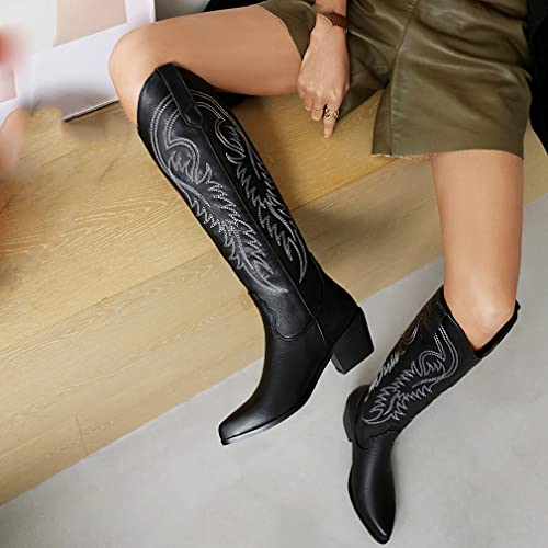 So Simpok Womens Embroidered Pull On Cowboy Cowgirl Boots Block Chunky Heel Western Mid Calf Boots Riding Wedding Boots #TOP5