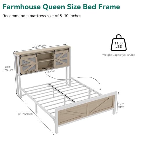 YITAHOME Farmhouse Queen Size Bed Frame with Headboard, Bookcase Storage Shelves, Sliding Grid Barn Door, Charging Station, Rustic Wood Platform Bed, No Box Spring Needed, Oak