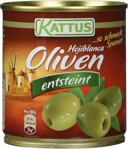 Kattus - Grüne Hojiblanca Oliven ohne Stein | Spanische Oliven entsteint | Ideal zu Pizza, Fleisch- oder Fischgerichte | 85 g in der Dose (Packung mit 5)