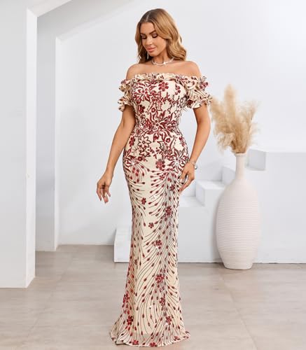 Image of dasmzper Women Sexy Sequin Off Shoulder Ruffle Short Sleeve Bodycon Mermaid Party Formal Evening Maxi Dress