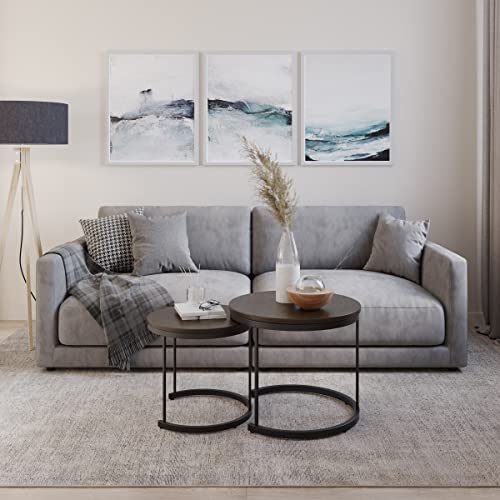 Nesting Coffee Table Set – Set of 2 Small Round Tables Nest Together for Saving Space – Modern Industrial Living Room Tables by Lavish Home (Brown)