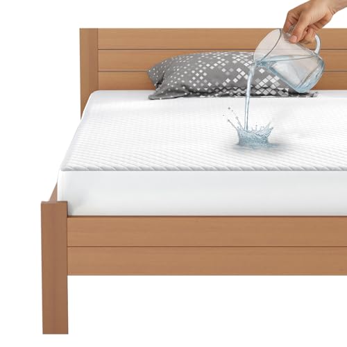 Image of Lukzer Quilted Double Bed Waterproof Mattress Protector - 72x48 Inch - White | Noiseless Breathable Soft Top | Deep Pocket Elastic Skirt | Dustproof Hypoallergenic Washable Bed Cover - MTP-QWH-002