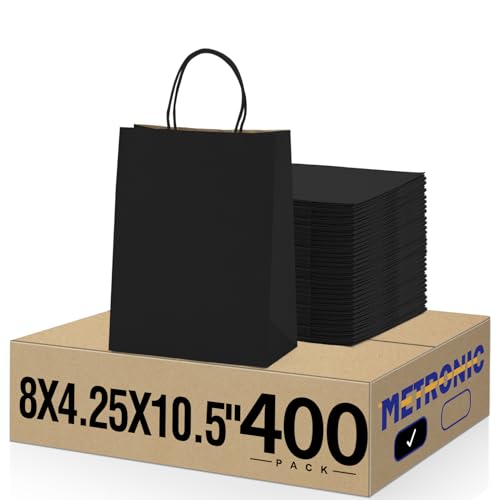 METRONIC 400 Pcs Black Paper Gift Bags with Handles 8x4.25x10.5 Inch Bulk