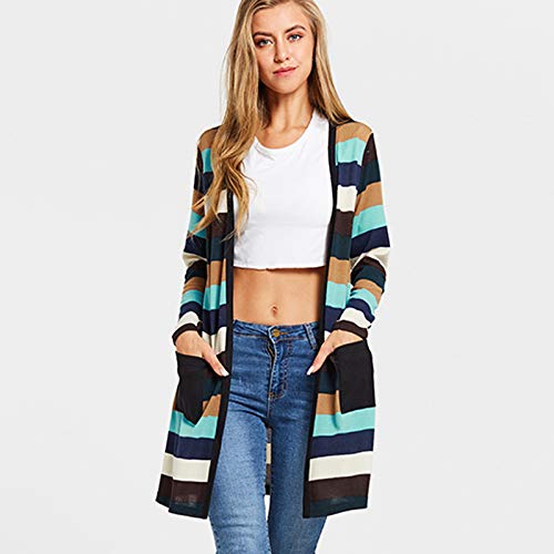 Romacci Cardigã feminino listrado longo com bolsos frontais abertos, Multicor, M