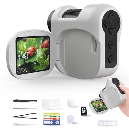 Auveach Microscope Numérique pour Enfants 1600X Microscope de Poche Portable avec Écran IPS Pliable de 2 Caméra DV 1080P 5 Lames 4 Préparées 32 Go, Education Cadeau de Noël
