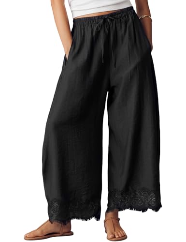 Wyeysyt Wide Leg Pants for Women Lace Trim Cropped Flowy Pants(Black-M)