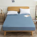 Sábana bajera de 120 x 200 cm de algodón y poliéster, con 2 fundas de almohada, sábana bajera impermeable monocolor, color azul oscuro, para cama con somier de hasta 20 cm de alto