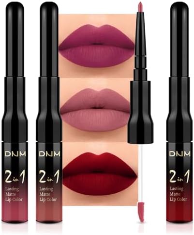 evpct 3Pcs Mauve Neutral Light Rosey Nude Blue Red Matte Liquid Lipstick and Lip Liner Stain Sets for Women, Long Lasting 24 Hours Matte Lipstick labiales larga duracion 24 mate originales