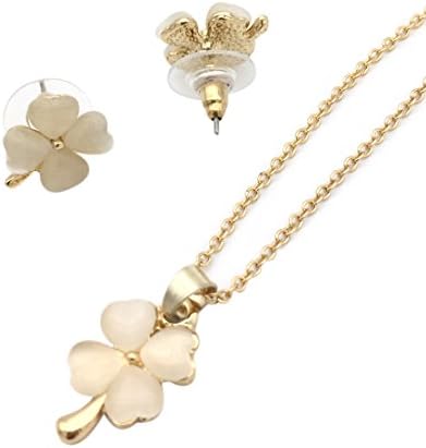Finov Cat Eye Four Leaf Clover Necklace and Stud Earrings Set (Gold)